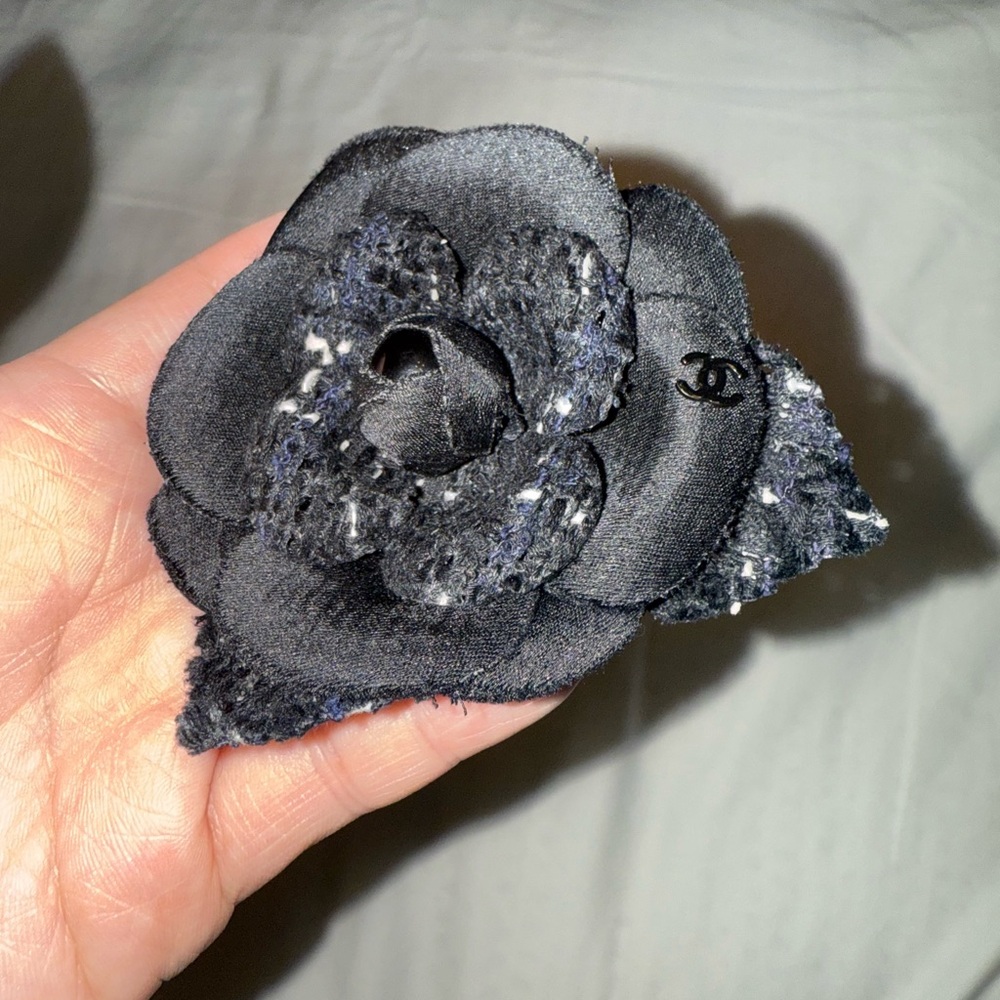 Chanel Black, White and navy Camellia Brooch